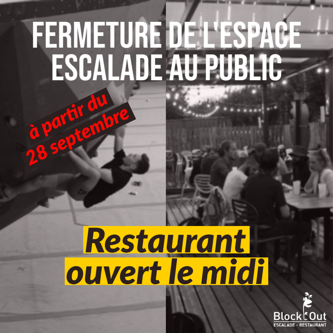 Salle d’escalade et restaurant informations d’ouverture à partir du 26 septembre 2020